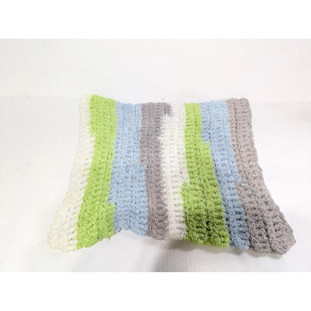 Baby Boy Blanket & Lovey Blue Green Elephant Satin Taggie Ribbon Crochet Striped
